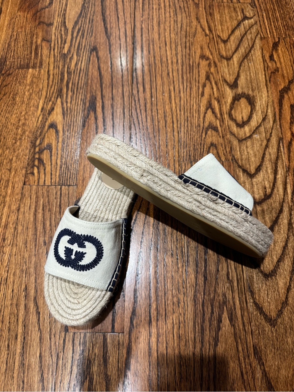 GG  Cream Espadrille Slide with Navy Embroidered Double G